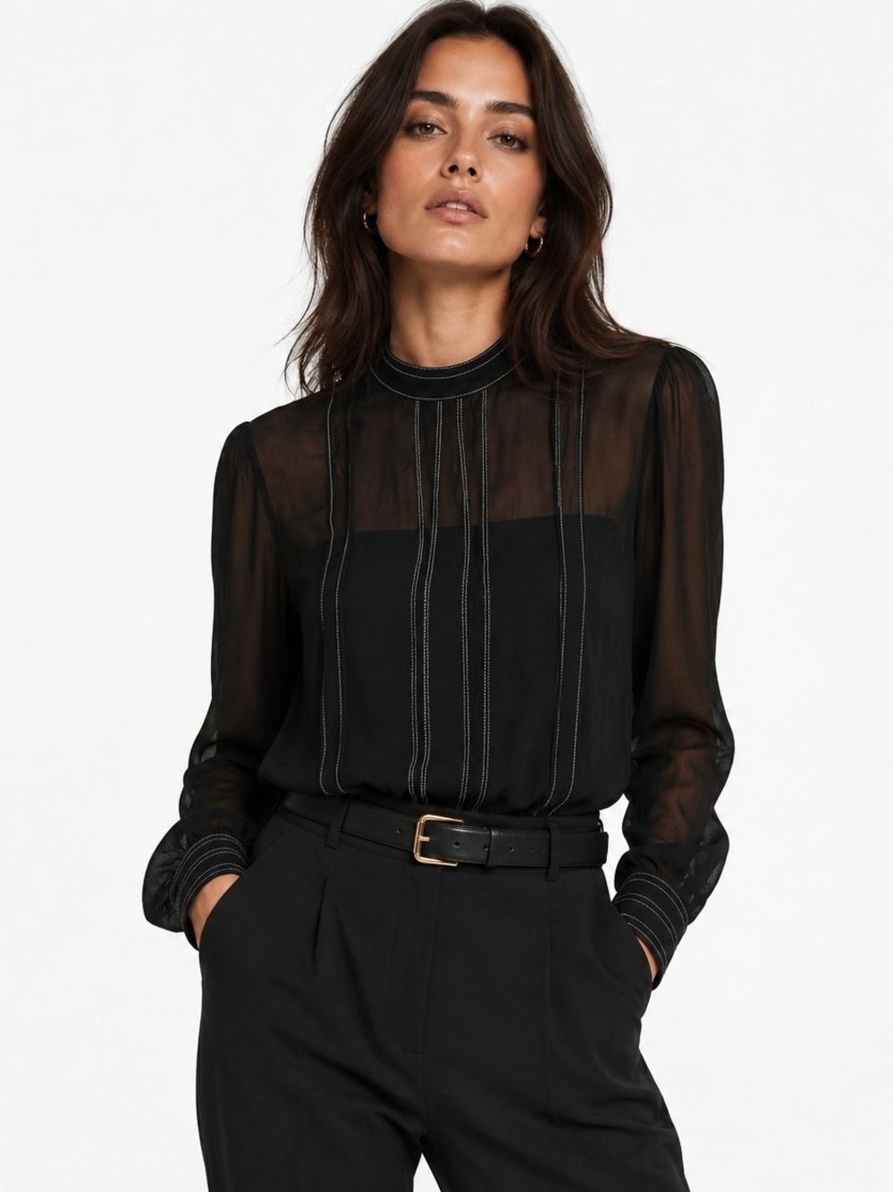 Karen Millen Sheer Lace Detail Blouse Black Romantic Gothic Chic Top Size 10